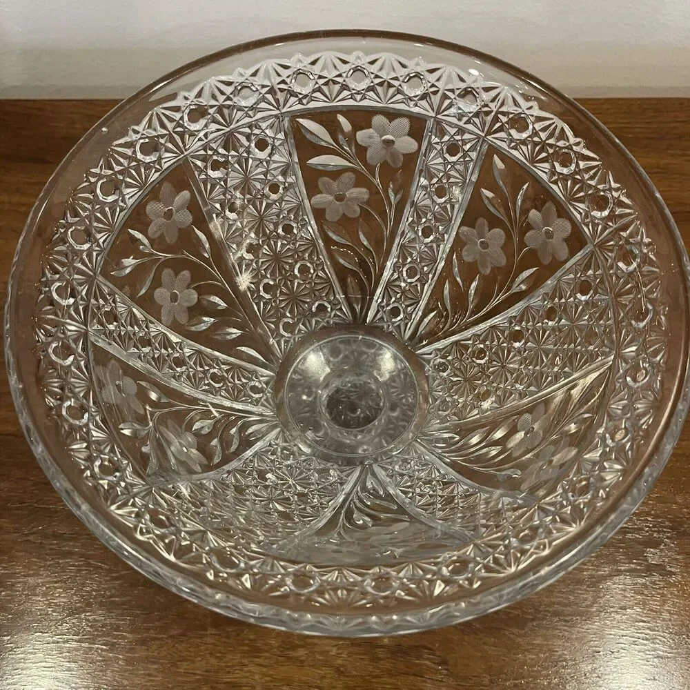Vintage Compote Punch Bowl Candy Dish w/Frosted Etched Glass Flowers Starburst